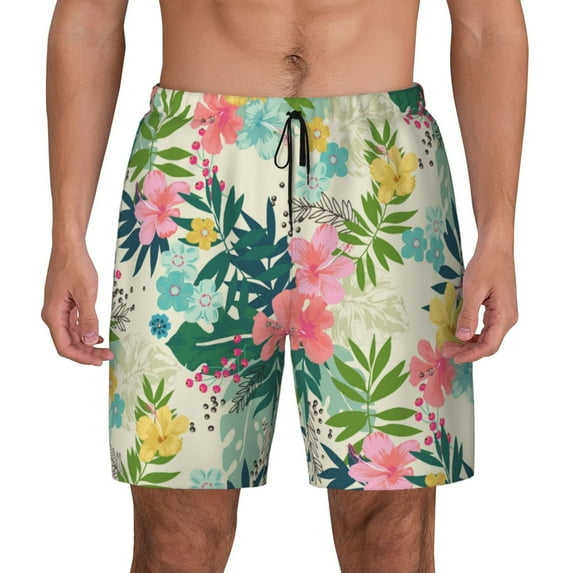 Kdxio Tropical Flowers Print Men'S Swim Trunks With Compression Liner 7 Inch Inseam Quick Dry Swim Shorts
