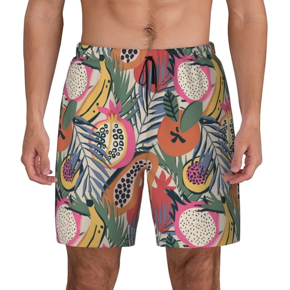 Kdxio Tropical Fruit Print Men's Swim Trunks with Compression Liner 7 Inch Inseam Quick Dry Swim Shorts