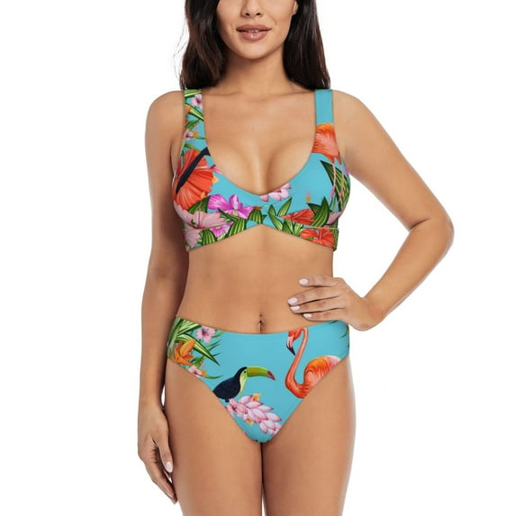 Kdxio Tropical Jungle Flamingo Print Women's 2 Piece High Waisted Wrap Spaghetti Strap Summer Swimsuit Bikini Set-Large