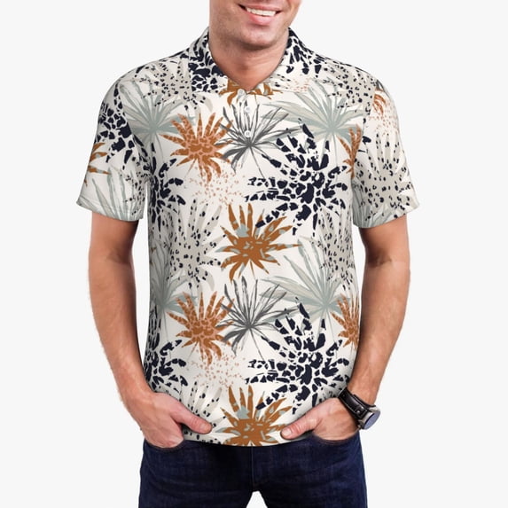Kdxio Tropical Leaves Print Men's Short Sleeve Polo Shirt,Midweight Men's Shirt