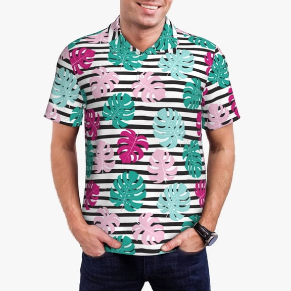 Kdxio Tropical Leaves Print Men's Short Sleeve Polo Shirt,Midweight Men's Shirt