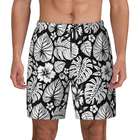 Kdxio Tropical Leaves Print Men's Swim Trunks with Compression Liner 7 Inch Inseam Quick Dry Swim Shorts