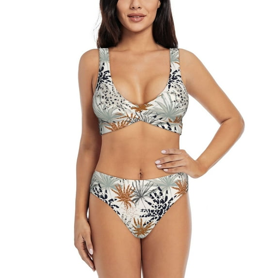 Kdxio Tropical Leaves Print Women's 2 Piece High Waisted Wrap Spaghetti Strap Summer Swimsuit Bikini Set-Small