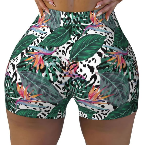 Kdxio Tropical Leaves Print Workout Shorts for Women Seamless Soft Smooth Gym Yoga Scrunch Active Shorts