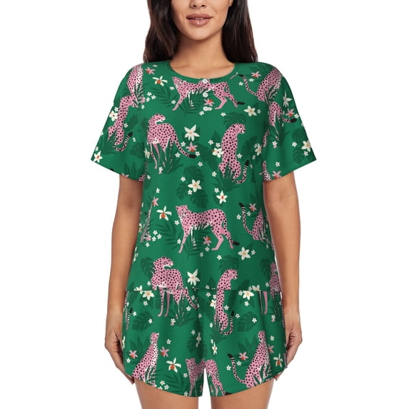 Kdxio Tropical Leopard Print Pajamas Sets for Women Short-Sleeved Pjs with Lounge Shorts Two Piece Sleepwear S-4XL