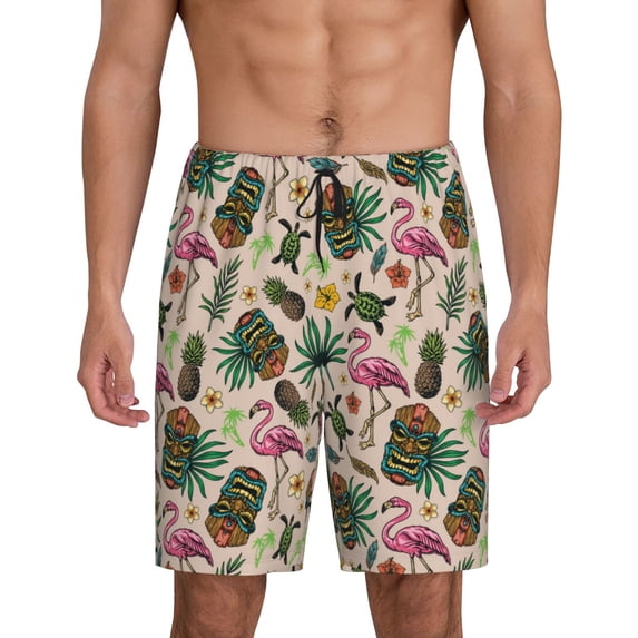 Kdxio Tropical Mask Flamingo Print Mens Sleep Shorts Bottoms Soft Comfy Pajama Wear Pants with Drawstring Pockets