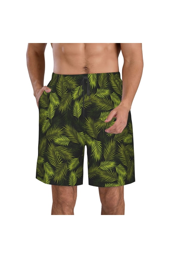 Tropical Palm Leaves Fern Leaf Pattern Mens Casual Shorts - Drawstring Summer Beach Sports Shorts for Men