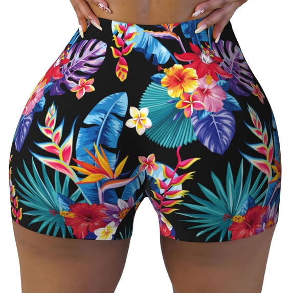 Kdxio Tropical Palm Leaves Print Workout Shorts for Women Seamless Soft Smooth Gym Yoga Scrunch Active Shorts