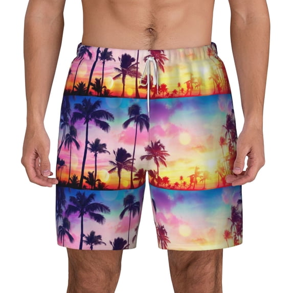 Kdxio Tropical Palm Tree At Sunset Print Men'S Swim Trunks With Compression Liner 7 Inch Inseam Quick Dry Swim Shorts
