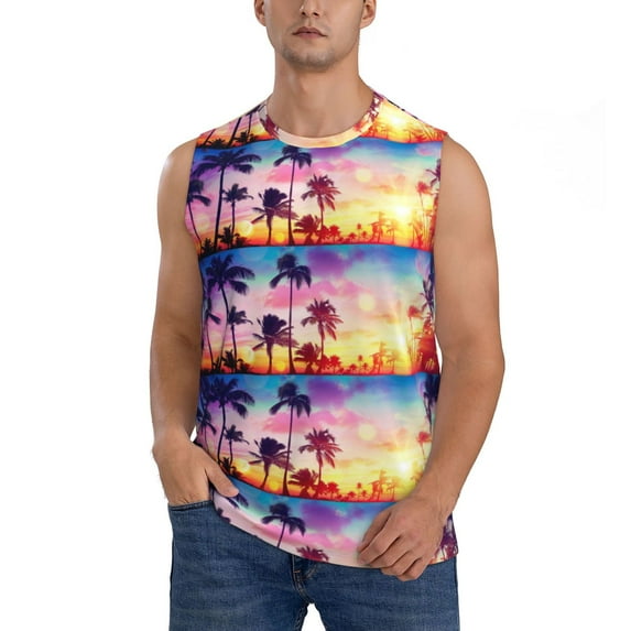 Kdxio Tropical Palm Tree at Sunset for Men's Muscle T-shirt,Sleeveless for Workout Running Athletic Gym Lounge Casual