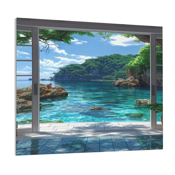 Kdxio Tropical Paradise Window View Pattern Canvas Wall Art for Living Room Wall Decor for Bedroom Bathroom Modern Framed Canvas Art Prints Ready to Hang,Horizontal