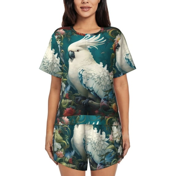 Kdxio Tropical Parrot Floral Artwork Print Pajamas Sets for Women Short-Sleeved Pjs with Lounge Shorts Two Piece Sleepwear S-4XL
