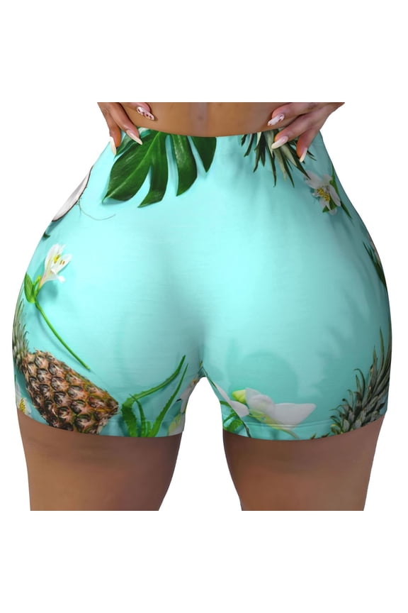 Tropical Pineapple Print Workout Shorts for Women Seamless Soft Smooth Gym Yoga Scrunch Active Shorts