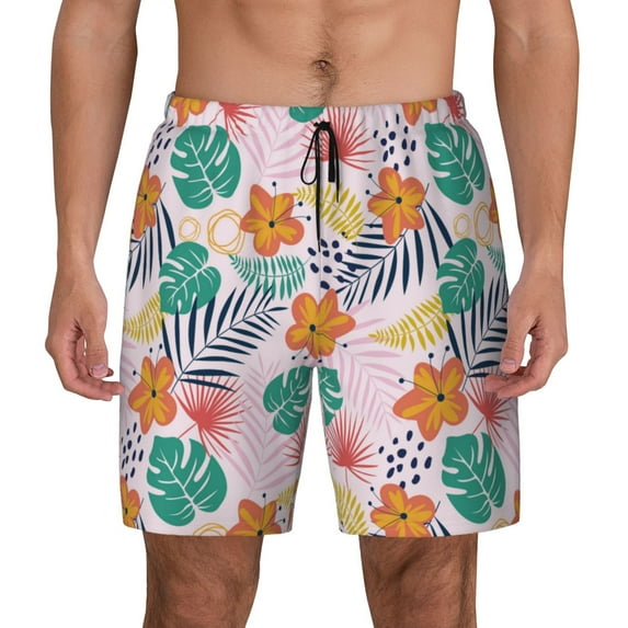 Kdxio Tropical Plants Print Men's Swim Trunks with Compression Liner 7 Inch Inseam Quick Dry Swim Shorts