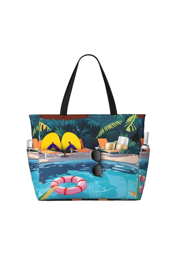 Tropical Poolside Relaxation for Beach Bag for Women Large Beach Tote Bag Waterproof Sandproof Swim Bag with Zipper Pockets Beach Vacation Travel