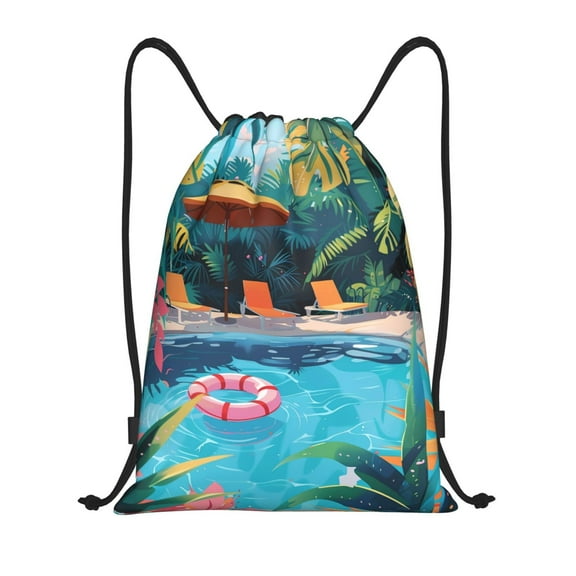 Kdxio Tropical Poolside Relaxation Print Drawstring Backpack Bag,Waterproof Draw String Back Sack, Gym Drawstring Bags Swim Bag For Unisex