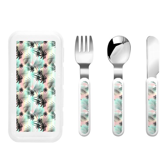 Kdxio Tropical Summer Palm Toddler Utensils Set - Kids Silverware Set, Set Kids Utensils Set with Case for Preschooler Children
