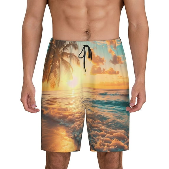 Kdxio Tropical Sunset Beach Scene Print Mens Sleep Shorts Bottoms Soft Comfy Pajama Wear Pants with Drawstring Pockets
