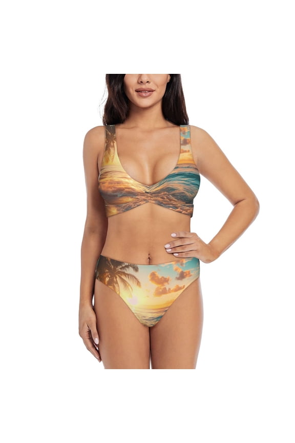 Tropical Sunset Beach Scene Print Women's 2 Piece High Waisted Wrap Spaghetti Strap Summer Swimsuit Bikini Set-Large