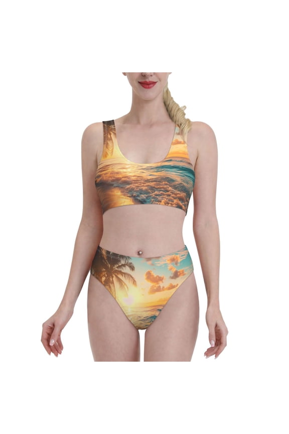 Tropical Sunset Beach Scene for Womens High Waisted Bikini Top Sports Style Two Piece Bathing Suits