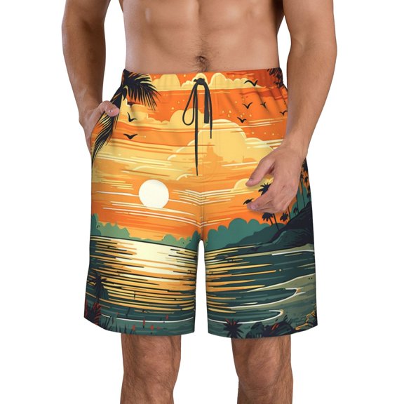 Kdxio Tropical Sunset Paradise Pattern Mens Casual Shorts - Drawstring Summer Beach Sports Shorts for Men