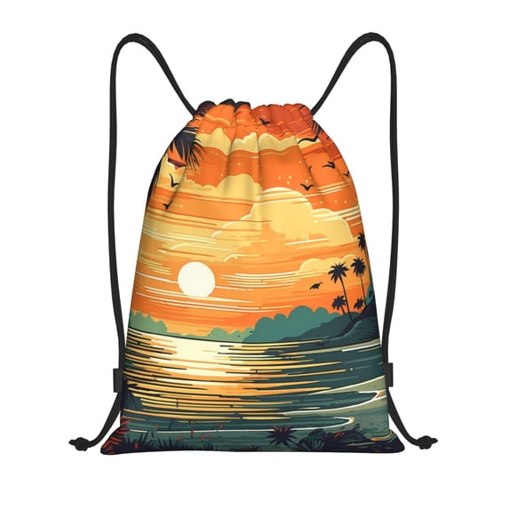 Kdxio Tropical Sunset Paradise Print Drawstring Backpack Bag,Waterproof Draw String Back Sack, Gym Drawstring Bags Swim Bag For Unisex