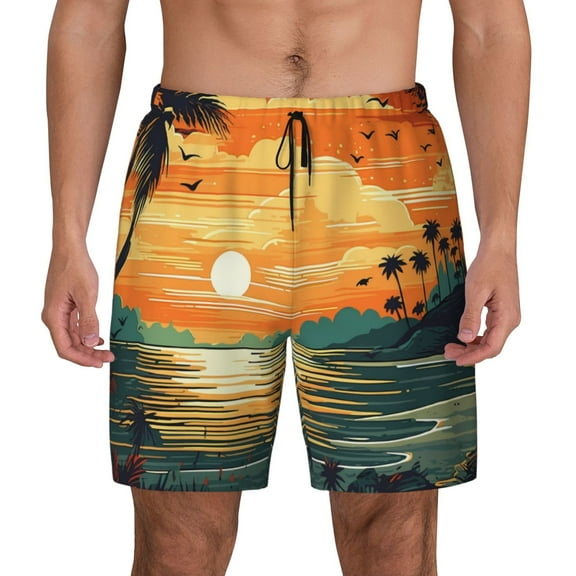 Kdxio Tropical Sunset Paradise Print Men's Swim Trunks with Compression Liner 7 Inch Inseam Quick Dry Swim Shorts