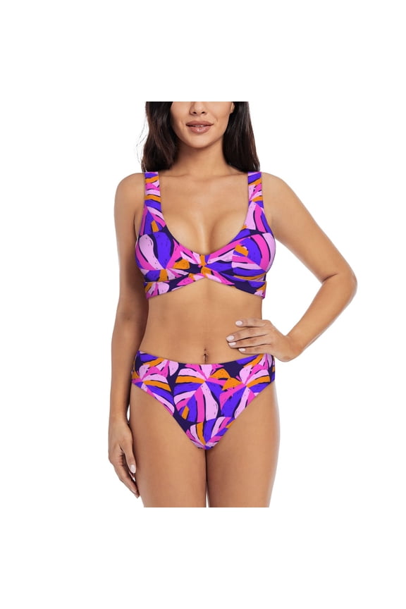 Tropics Leaf Print Women's 2 Piece High Waisted Wrap Spaghetti Strap Summer Swimsuit Bikini Set-X-Large