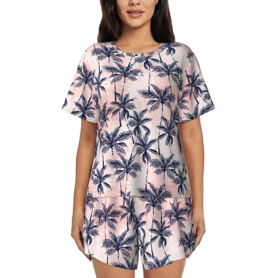 Kdxio Tropics Palm Trees Print Pajamas Sets for Women Short-Sleeved Pjs with Lounge Shorts Two Piece Sleepwear S-4XL