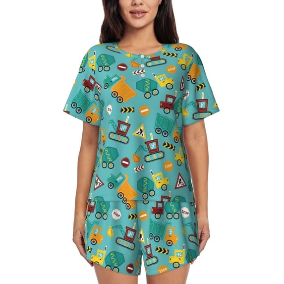Kdxio Trucks And Excavators Print Pajamas Sets for Women Short-Sleeved Pjs with Lounge Shorts Two Piece Sleepwear S-4XL