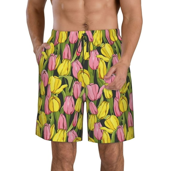Kdxio Tulips Flowers Pattern Mens Casual Shorts - Drawstring Summer Beach Sports Shorts for Men