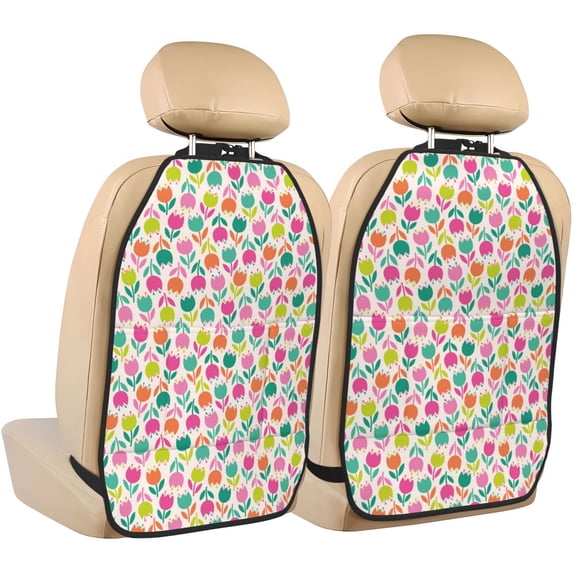 Kdxio Tulips Flowers Print 2 Pack Car Kick Mat Seat Cover Back Protector Mat with Pockets for Organizer Backseat Protector and Storage Anti Kick Pad for Vehicles