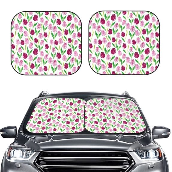 Kdxio Tulips Flowers Print 2-Piece Sun Shade Front Windshield - Foldable Car Front Window Sunshades for Most Sedans SUV Truck