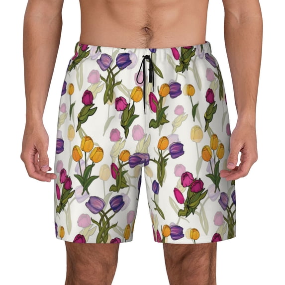Kdxio Tulips Flowers Print Men's Swim Trunks with Compression Liner 7 Inch Inseam Quick Dry Swim Shorts
