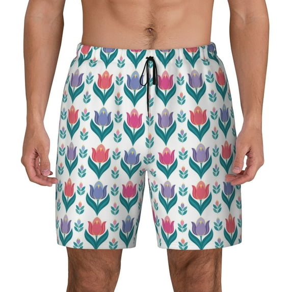 Kdxio Tulips Flowers Print Men's Swim Trunks with Compression Liner 7 Inch Inseam Quick Dry Swim Shorts