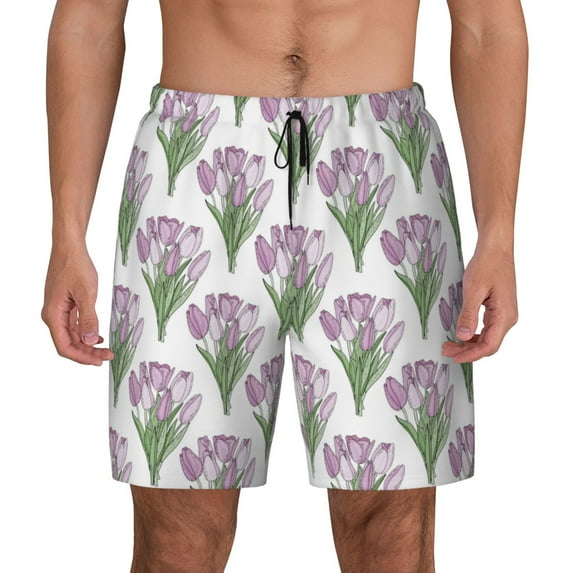 Kdxio Tulips Flowers Print Men's Swim Trunks with Compression Liner 7 Inch Inseam Quick Dry Swim Shorts