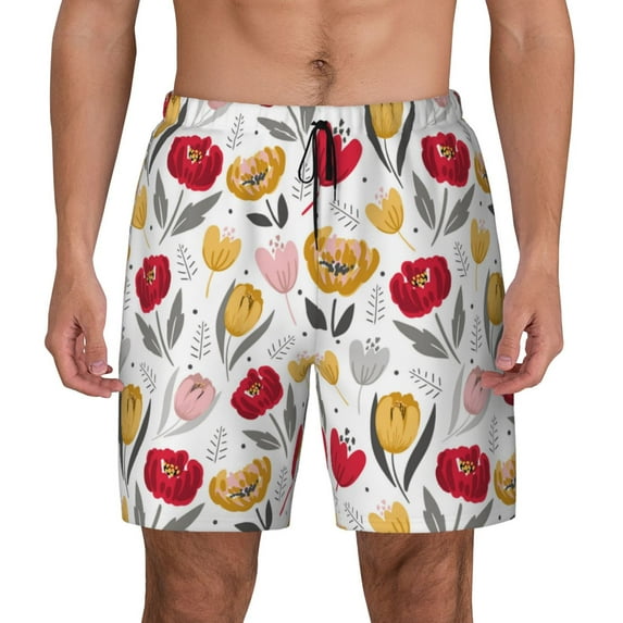 Kdxio Tulips Flowers Print Men's Swim Trunks with Compression Liner 7 Inch Inseam Quick Dry Swim Shorts