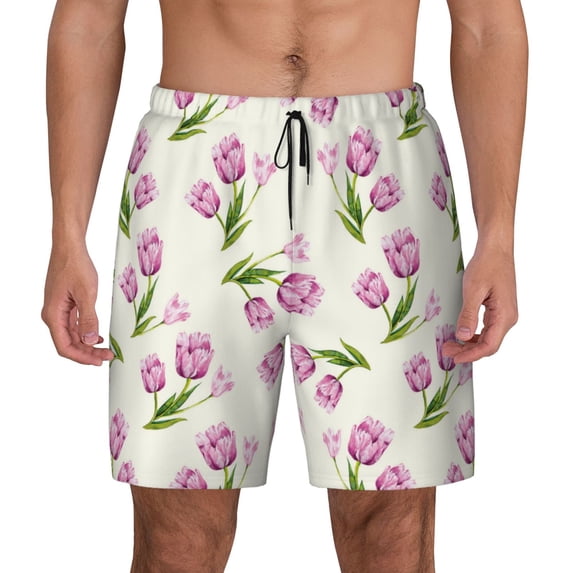 Kdxio Tulips Flowers Print Men's Swim Trunks with Compression Liner 7 Inch Inseam Quick Dry Swim Shorts