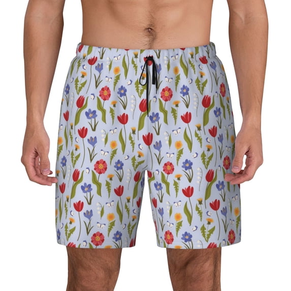 Kdxio Tulips Flowers Print Men's Swim Trunks with Compression Liner 7 Inch Inseam Quick Dry Swim Shorts