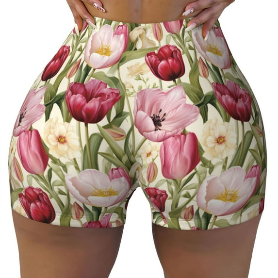 Kdxio Tulips Flowers Print Workout Shorts for Women Seamless Soft Smooth Gym Yoga Scrunch Active Shorts