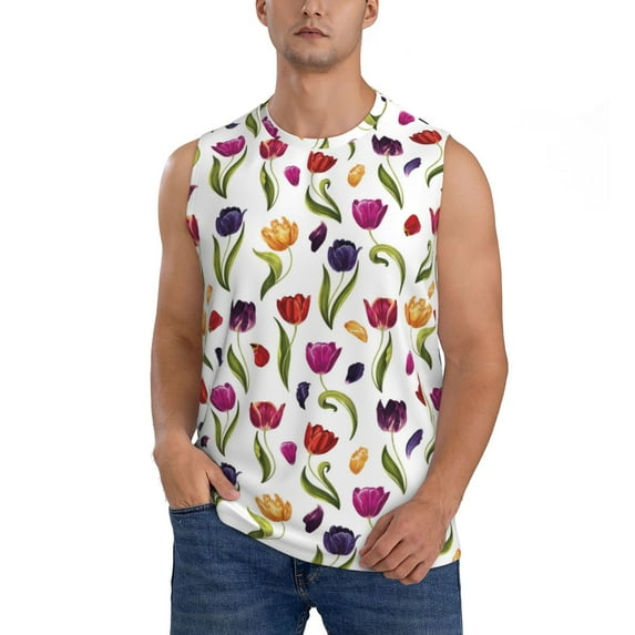 Kdxio Tulips Flowers for Men's Muscle T-shirt,Sleeveless for Workout Running Athletic Gym Lounge Casual