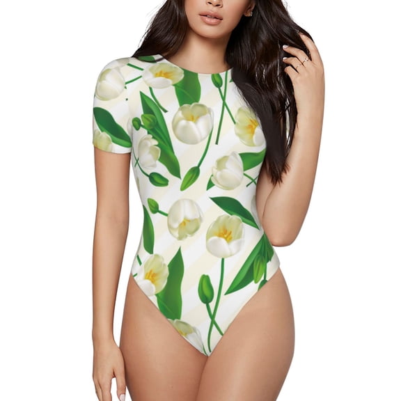 Kdxio Tulips Flowers for Women's Short-Sleeved Onesie Stylish Round Neck Pajamas Bodysuit Jumpsuit Nightwear-Large