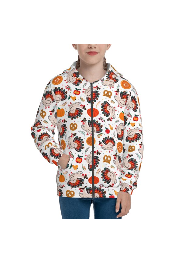 Turkey And Thanksgiving2 Pattern Kids Boys Girls Zip Up Hoodie 3D Printed Hooded Sweatshirt Hoody Coat with Pocket 7-12 Y-Medium