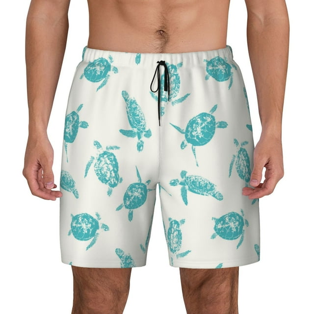 Kdxio Turtle Print Men's Swim Trunks with Compression Liner 7 Inch Inseam Quick Dry Swim Shorts