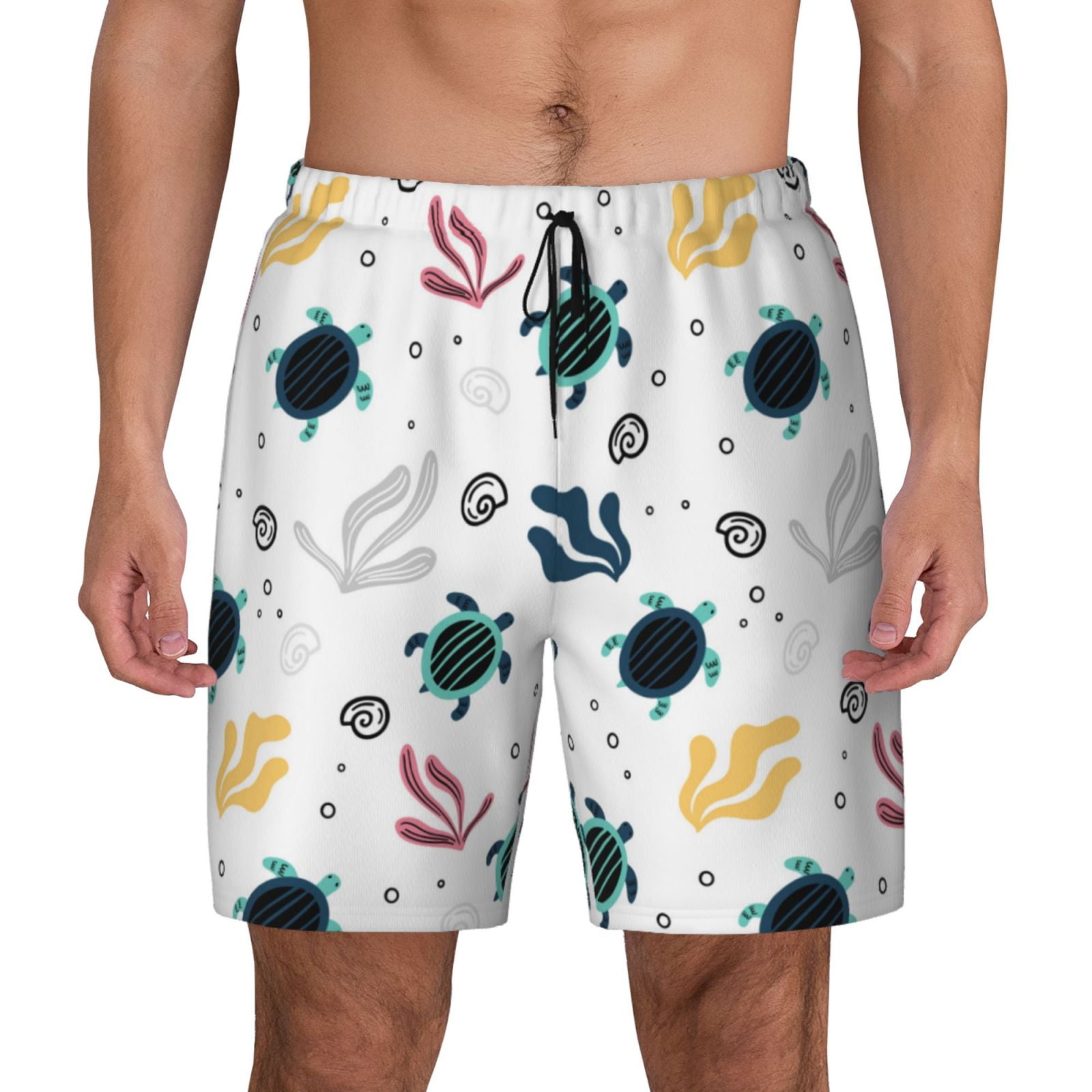 Kdxio Turtles And Corals Print Men's Swim Trunks with Compression Liner