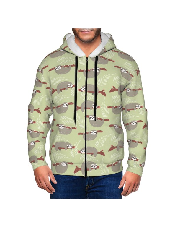 Twig Sloth Print Men Hoodies Casual Hoodies for Men with Zip Pockets Full Zip Long Sleeve Sweatshirt Sports Hooded Jacket-Medium