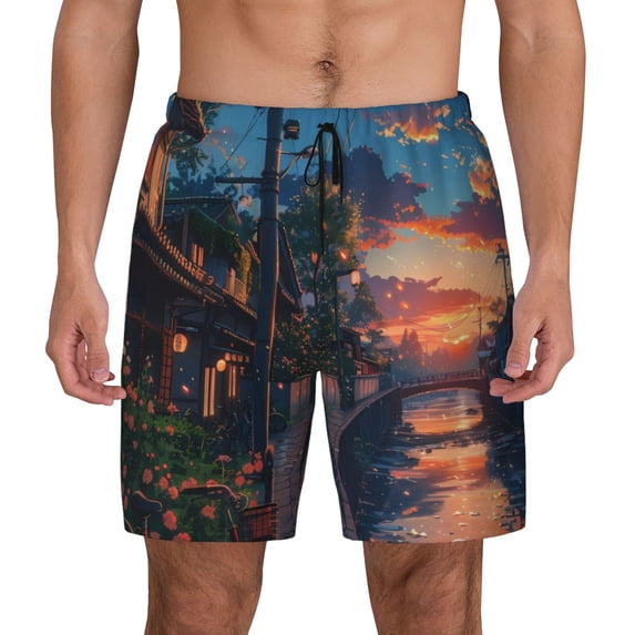 Kdxio Twilight Canal Reflection Print Men's Swim Trunks with Compression Liner 7 Inch Inseam Quick Dry Swim Shorts