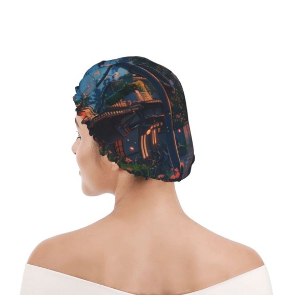 Kdxio Twilight Canal Reflection Print Shower Cap for Women,Elastic and Reusable,Double Waterproof Layers Bathing Hat