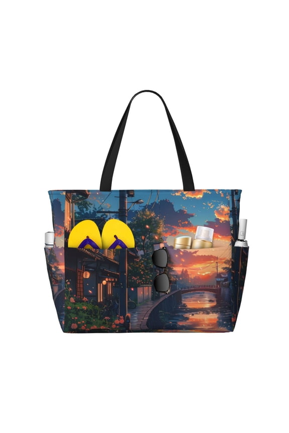 Twilight Canal Reflection for Beach Bag for Women Large Beach Tote Bag Waterproof Sandproof Swim Bag with Zipper Pockets Beach Vacation Travel