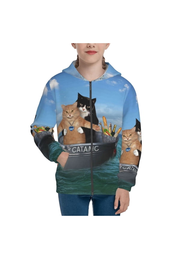 Two Brave Cats Are Floating On The Sea Iceberg Pattern Kids Boys Girls Zip Up Hoodie 3D Printed Hooded Sweatshirt Hoody Coat with Pocket 7-12 Y-Medium
